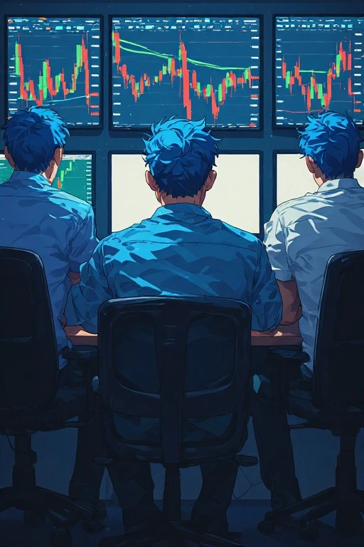 Trzech traderów przed monitorami z wykresami